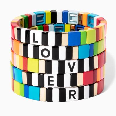 China Custom DIY BOHEMIA Letter Bracelet Rainbow Color Enamel LOVE Style Handmade Bead Rainbow Tile Alloy Bracelet Unisex BOHEMIA Style Bohemia for sale