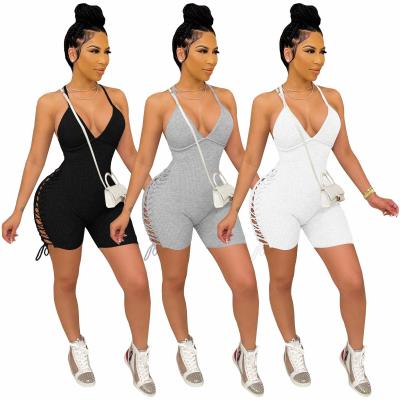 China Anti-pilling Backless Lace Up Romper Overalls Shorts Bodycon Ladies Summer Womens Workout Overalls And Ribbed Jumpsuit Halter Overalls for sale