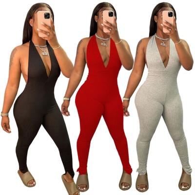 China 2021 Color Women's Simple One-Piece Jumpsuit Sheer Halter Jumpsuit Casual Stretch QUICK DRY V-Neckline Overalls For Ladies for sale