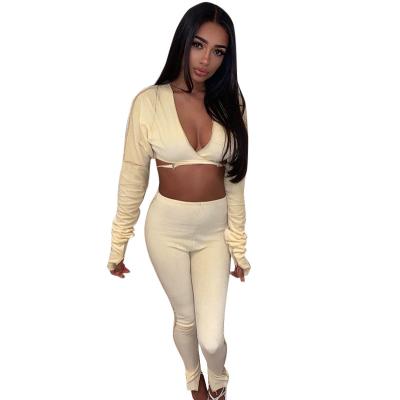 China New Autumn New Long Sleeve Strap Lanyard Breathable Fashion Crop V-Neck Two Piece Jogger Top Pants Teams Sets For Women for sale