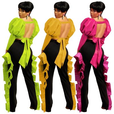 China Breathable Wholesale Women Pleat Bubble Sleeve Butterfly Backless 2 Piece Sets Tracksuit for sale