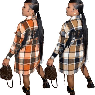 China Anti-Wrinkle Women's Fashion Casual Classic Plaid Woolen Straight Fringed Coat for sale