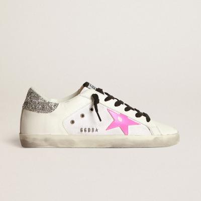 China Fashion Trend Super-Star Sneakers in White Leather and Canvas with Shocking-Pink Star and Silver Glitter Heel Tag Goldens Sneakers Gooses for sale