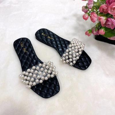 China Mules 2021 Hot Sandals Summer Fashion Shoes Flat Sandals Pearl Diamond Women's Slippers for sale