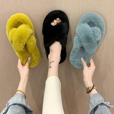 China CUSHIONING Multicolor Fluffy Plush Indoor Women's Slippers New Fashion Artificial Fur Warm Women's Slippers for sale