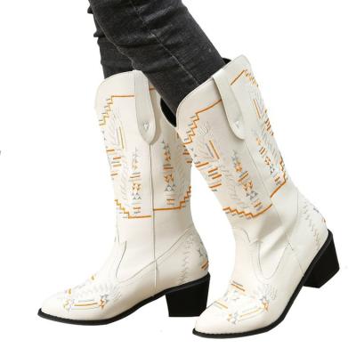 China Other Fashionable Winter Women's Boots Leather High Heels Knee High Shoes Hand Stitched Decorative Women's Leisure Boots for sale