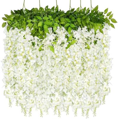 China Nature Artificial Wisteria Flowers Garland Artificial Wisteria Lush Long Hanging Silk Flower Vines With Semi Pure White For Wedding for sale