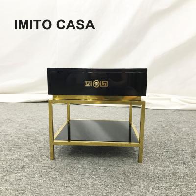 China Luxury Italian Furniture Black Gold Solid Wood Coffee Table Side Table Postmodern Elegant Wood End Table With Stainless Steel Leg for sale