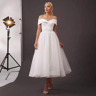 China Mid Length Travel Shoot Anti-Static Wedding Dresses For Women Minimalist Off The Shoulder Bandage Splice Lace Engagement Dress Evening for sale