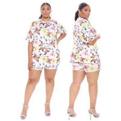 China Breathable Plus Size Women Clothing Ladies Printed Butterfly Women Crewneck Sweatshirt Two Piece Hoodie Casual Sports Shorts Sets For Women for sale