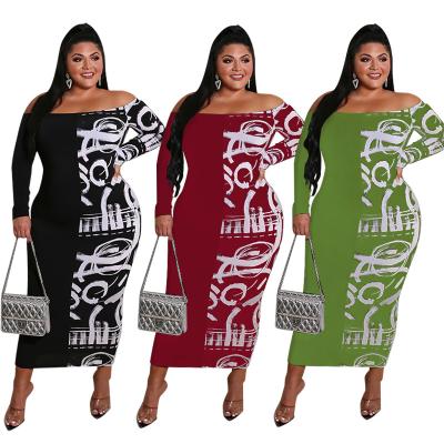 China New Breathable Arrive Elegant Splice Graffiti Long Sleeve Women Casual Dress 4xl 5xl Clothing Off Shoulder Plus Size Dresses For Fat Woman for sale