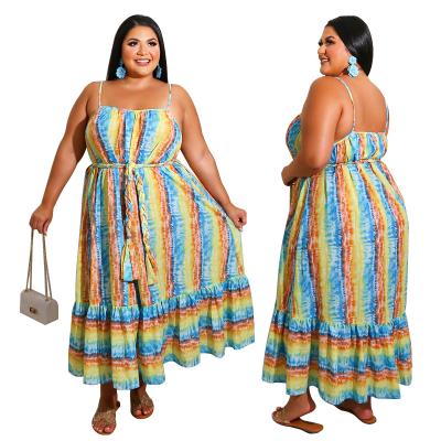 China Breathable Plus Size Clothing 2022 Summer New Contrast Suspender Dress Stylish Clothes Rainbow Striped Women Designed Beach Casual Outfits for sale