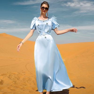 China High Quality Handmade Muslim Rhinestone Feeling Summer Fashion Ruffle Satin Dress Light Blue Comfortable Handmade Feather Lace Up Dubai Dress Muslim Women for sale