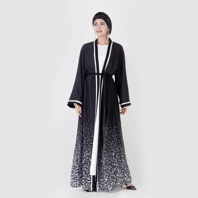 China Elegant Color Printed Muslim Abaya Cardigan Abaya Kimono Splice Dress Comfortable Fashionable Gradient Feel Long Sleeve Women's Abaya Maxxum Dress for sale