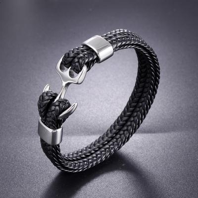 China Luxury CLASSIC Handmade Braided Leather Bracelet Men Jewelry Stainless Steel Anchor Bracelet Black for sale