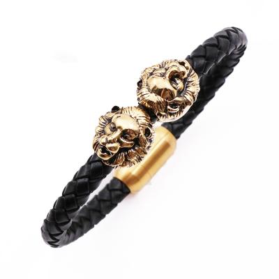 China Men's Braided Stainless Steel Double Gold Lion Head Leather Black Leather Bracelets for sale