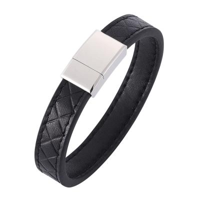 China 2020 Trendy Custom Magnetic Clasp Black Fashion Bracelets Leather Bracelet For Men Exclusive Gift for sale