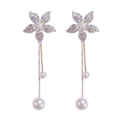 China S925 Fashion Korean Romantic Bling Crystal Flower Tassel Earring Pearl Drop Earrings Stud Earring for sale