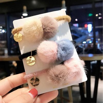 China New Fashion Fur Ball Head Hair Decoration Ring Colorful Pompom Hair Band Elastic Hair Tie For Girls for sale