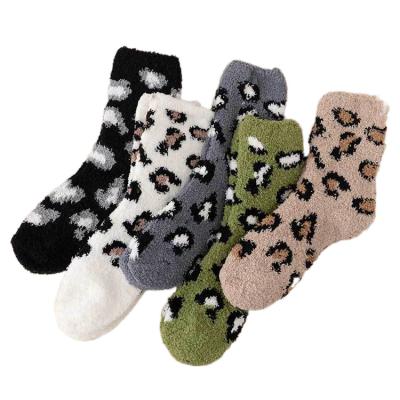 China Autumn And Winter Coral Fleece sporty lugs leopard patch socks print women thickened sleep socks for sale