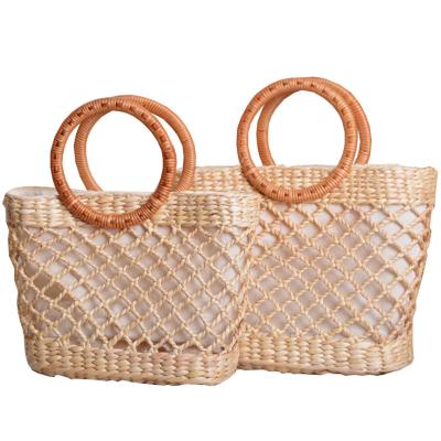 China Wholesale Half Moon Handled Straw Bag Amazon Women Rattan Around Bag Natural Straw Bag Bamboo Handle Tote for sale