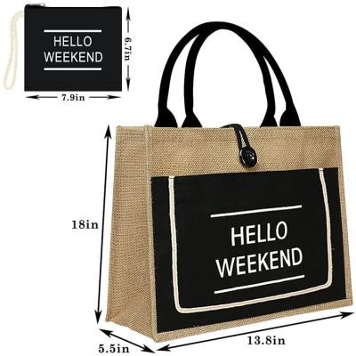 China Printed Shopping Jute Tote Bags Organic Burlap Beach Bag for sale