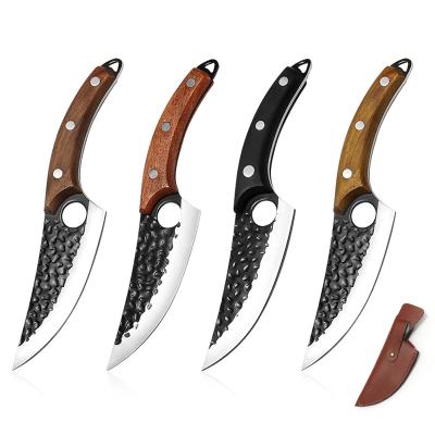 China Sustainable High Carbon Steel 5inch Hand Forged Butcher Wooden Handle Curved Boning Kitchen Knife With Leather Sheath Chef Knives for sale