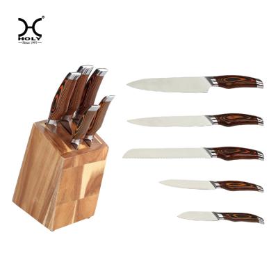 China Viable 5PCS Kitchen Knives Set with Pakka Wood Handle and Wood Knife Block for sale