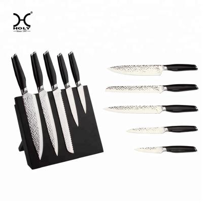 China 5pcs Viable Hammering Pattern Knocked Steel Chef Kitchen Knife Set With Magnet Knife Block for sale