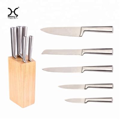 China Sustainable Classic Kitchen Knife Set 5pcs Hollow Handle With Wooden Knife Block for sale