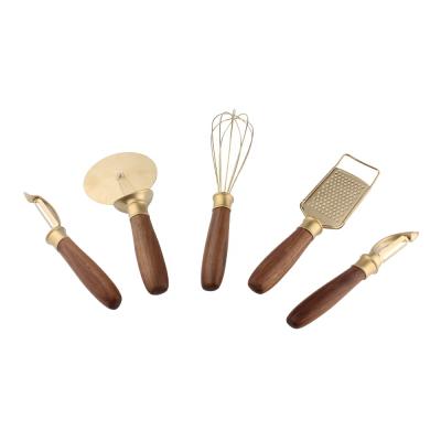 China Wooden Handle Kitchen Instrument Sustainable Walnut Titanium With Gold Utensils Utensil Sets Durable Stainless Steel And Wood Kitchen Tools for sale