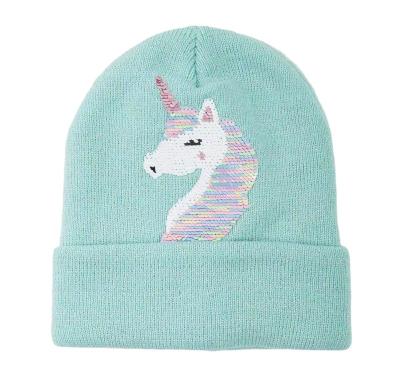 China Outdoor Adult Knitted Beanie Hats Girls Love Winter Knitted Hats With Cartoon Shinning Sequin for sale