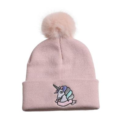 China Cute outdoor embroidery kids knitted beanie hats girls knitted winter hats with pom poms for sale