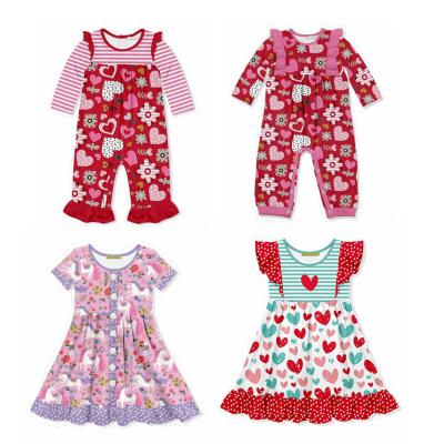 China 2022 New Love Print Rompers Valentine's Day Customized Baby Dress Casual Multiple Styles Babies Ruffle Cute Kids Wear for sale