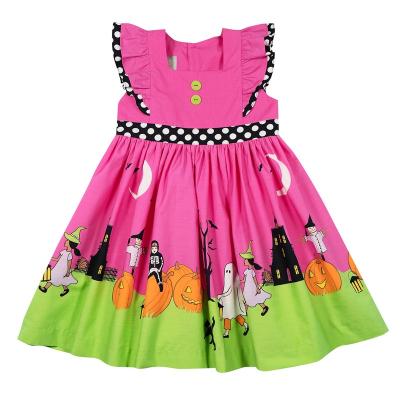 China Washable Halloween Theme Print Pumpkin Baby Dresses Little Sleeves Flying Kids Dresses For Girls Green Edge Vitality Kids Dress for sale