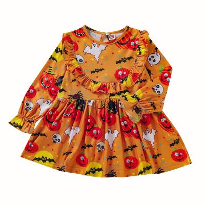 China Orange Print Ghost Pumpkin Theme Halloween Kids Dresses Girls Dresses Horn Washable Long Sleeve for Girls Vitality Baby Dress Girls for sale