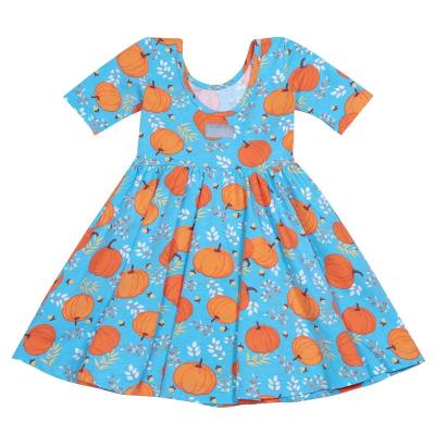 China Light Blue Washable Pumpkin Print Halloween Theme Girls Dresses Short Sleeve Waist Dress For Kids Vitality Naughty Kids Dresses for sale