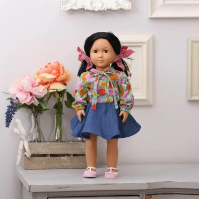 China 2020 Cute Hot Selling Doll Clothes Flower Print Tops And Blue Dress 18 Inch Doll Suit for sale