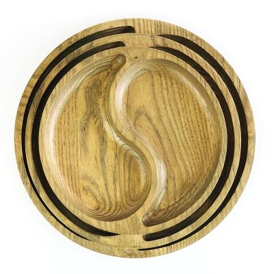 China Sustainable Accessories Tray Ash Wood Round Dish Plate Wooden Serving Household Kitchen Ware Set For Food for sale