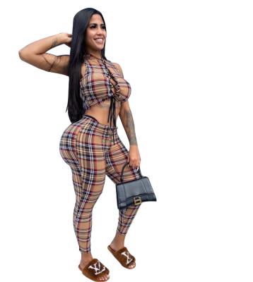 China New Arrivals Breathable Summer Plaid Women Sets Long Pants String Women Two Piece Set 2 Piece Sets Top Women Sets for sale