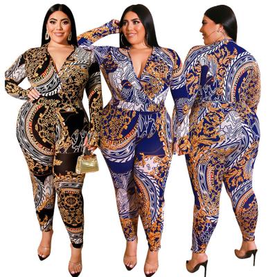 China V neckline 2020 floral print breathable jumpsuit plus size one piece jumpsuit for fat women for sale