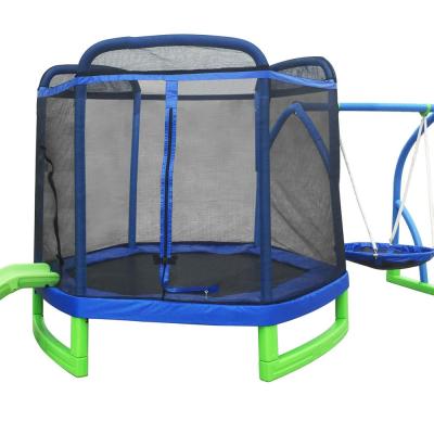 China With 7ft children protective net trampoline with safetynet slide and swing for sale