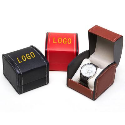 China Handmade Wholesale Black PU Leather Elastic Watch Box Flip Over Minimalist Gift Jewelry Watch Packaging Box for sale