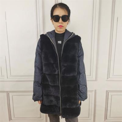 China Wholesale Breathable Luxury 100% Nylon Hooded Winter Jacket Women Warm Black Rabbit Fur Down Coat Zipper For Ladies for sale