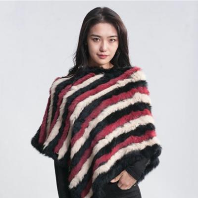 China Striped Women Fashion Accessories 100% Polyester Knitted Rabbit Natural Color Cape PONCHO-63CM for sale