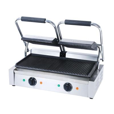 China Double Plate Commercial Kitchen Equipment Top- Bottom grooved Sandwich Maker Electric Panini Grill 475 X 230 mm for sale