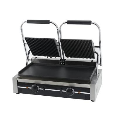 China Double Plate Commercial Kitchen Equipment Top-grooved Bottom- flat Sandwich Maker Electric Panini Grill 475 x 230 mm for sale