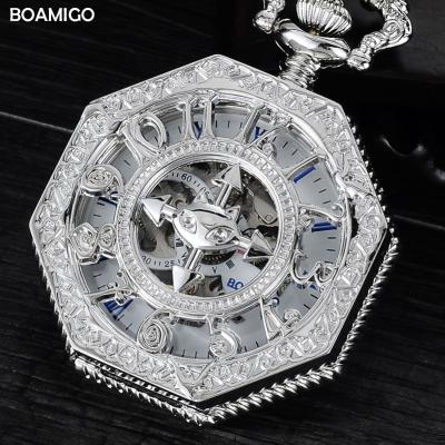 China Fashion Mens Pocket Watches BOAMIGO Brand Watches Antique Mechanical Skeleton Number Watch Silver Chain Gift Clock reloj hombre for sale