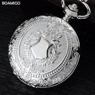 China BOAMIGO Antique Mechanical Brand Fashion Pocket Watches Men Skeleton Roman Number Watches Silver Chain Gift Clock reloj hombre for sale