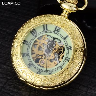 China Brand Antique Mechanical Skeleton Number Watches BOAMIGO Gold Analog Pocket Watches Men Gift Watches Luxury Chain reloj hombre for sale